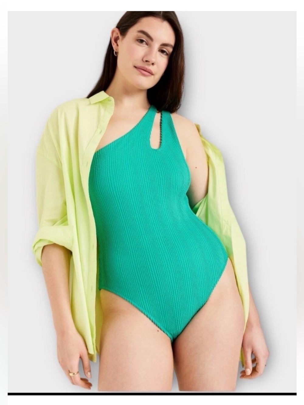 Old Navy | green ribbed off the shoulder one piece swim suit